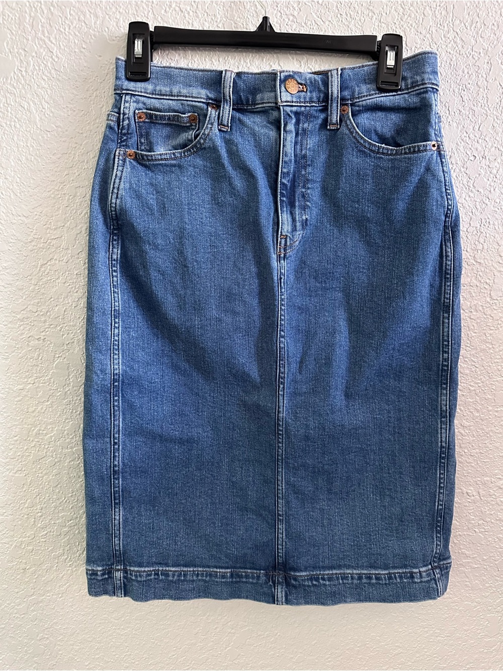 J.Crew Factory Denim Midi Pencil Skirt Blue Stretch Back Slit Size 4